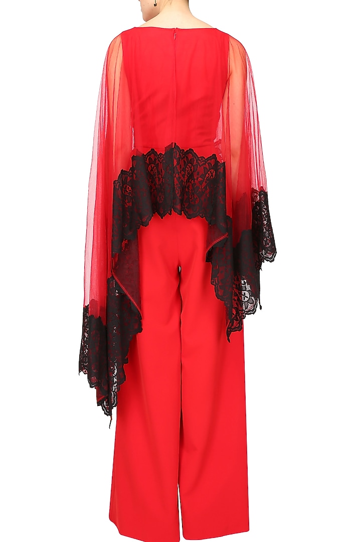 Crimson red and black lace applique work cape jumpsuit available only at Pernia's Pop Up Shop.