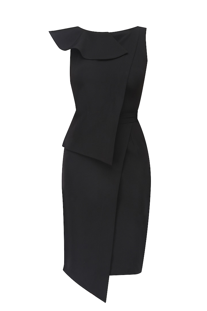 Black overlapping hem ruffle and peplum dress available only at Pernia ...