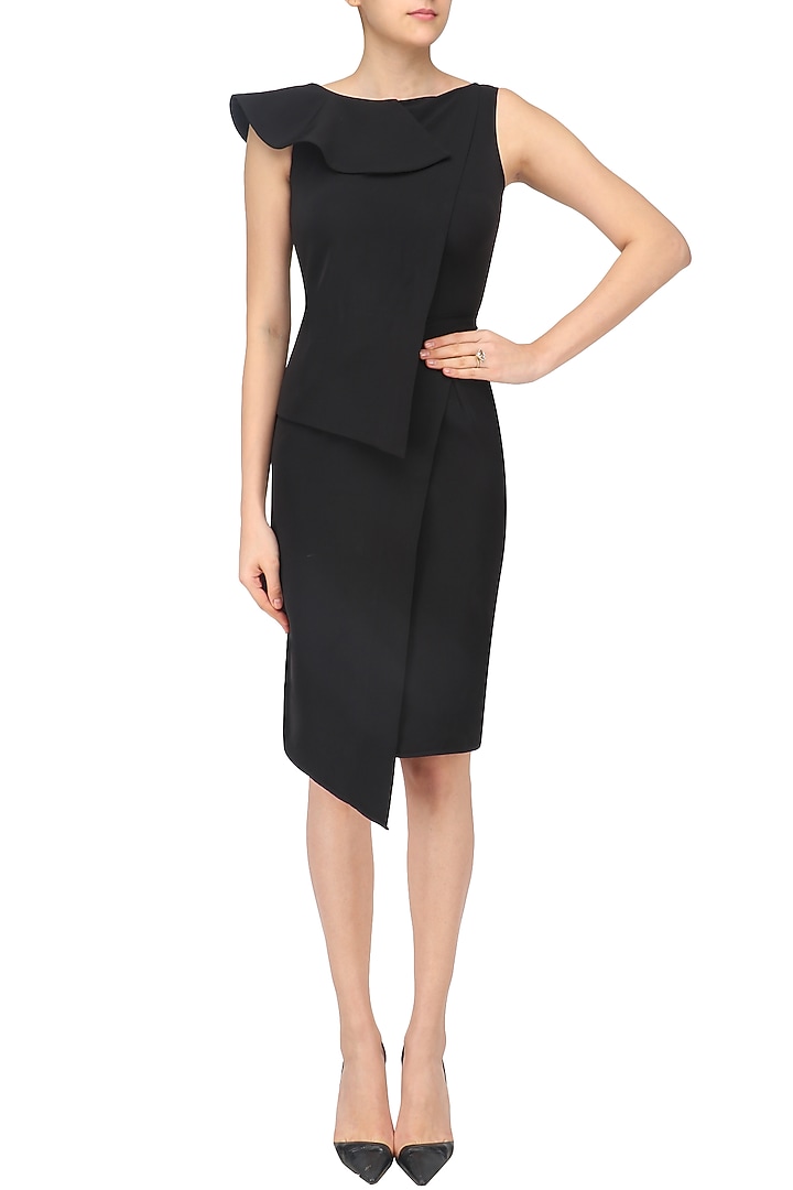 Black overlapping hem ruffle and peplum dress available only at Pernia's Pop Up Shop