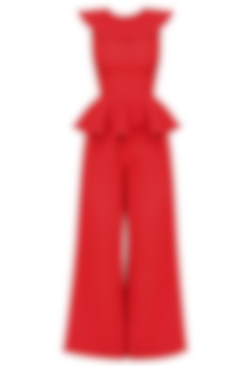 Crimson Round Neck Ruffled and Peplum Jumpsuit by Swatee Singh