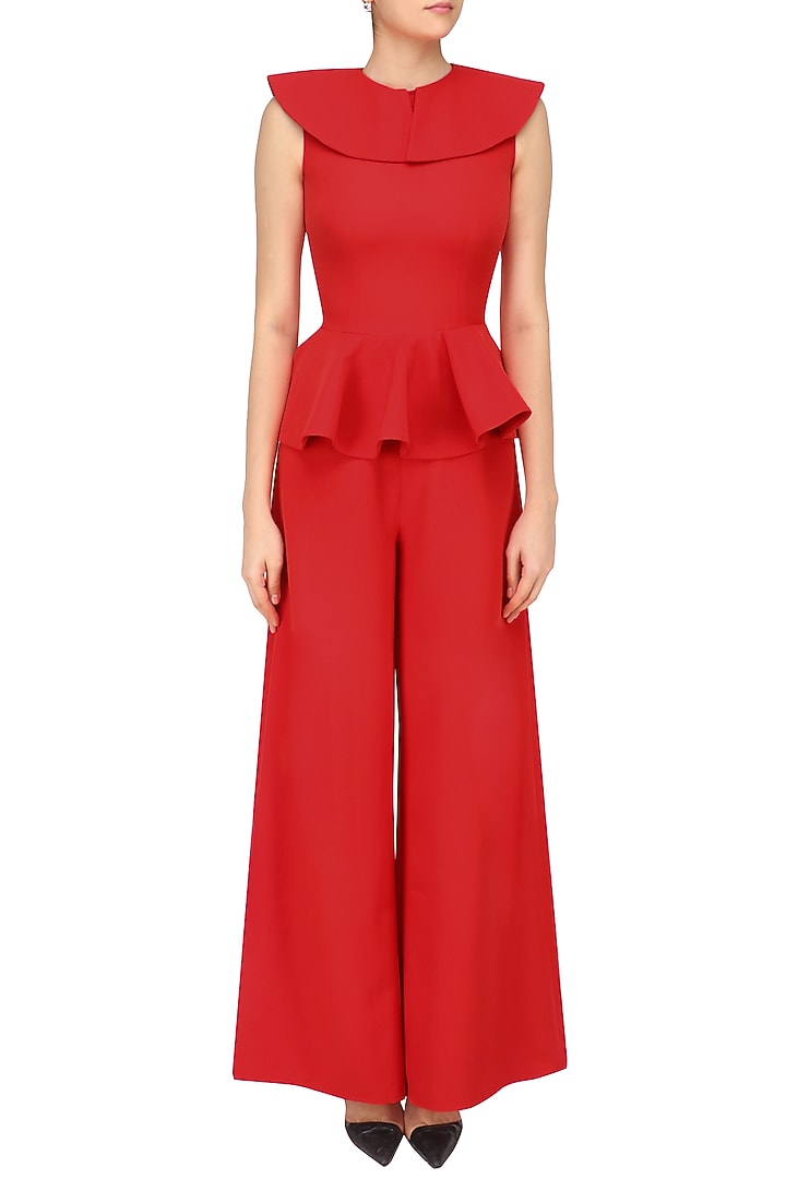 Crimson round neck ruffled and peplum jumpsuit available only at Pernia's Pop Up Shop