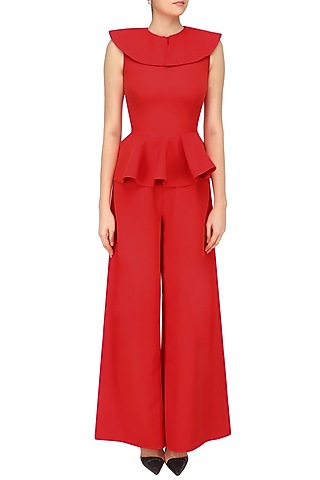 Crimson Round Neck Ruffled and Peplum Jumpsuit by Swatee Singh