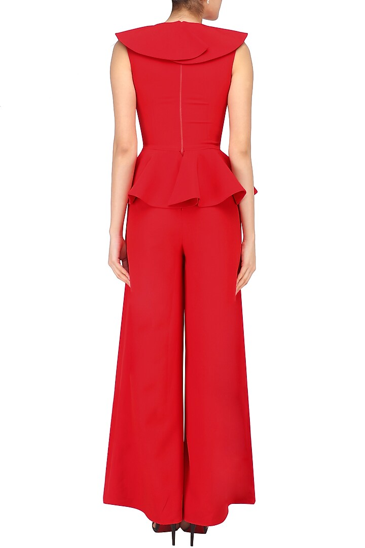 Crimson round neck ruffled and peplum jumpsuit available only at Pernia's Pop Up Shop