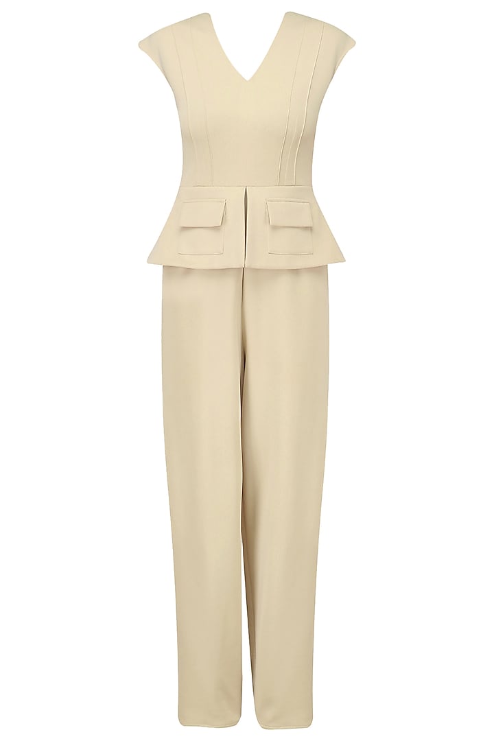 Beige Structured Peplum and Faux Pockets Jumpsuit by Swatee Singh