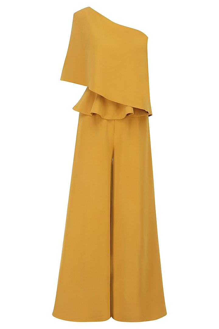 Mustard yellow one shoulder cape peplum jumpsuit available only at Pernia's Pop Up Shop
