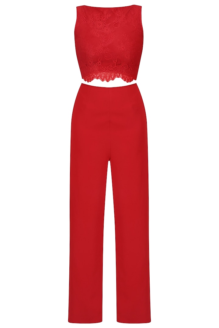 Crimson Boat Neck Lace Jumpsuit by Swatee Singh