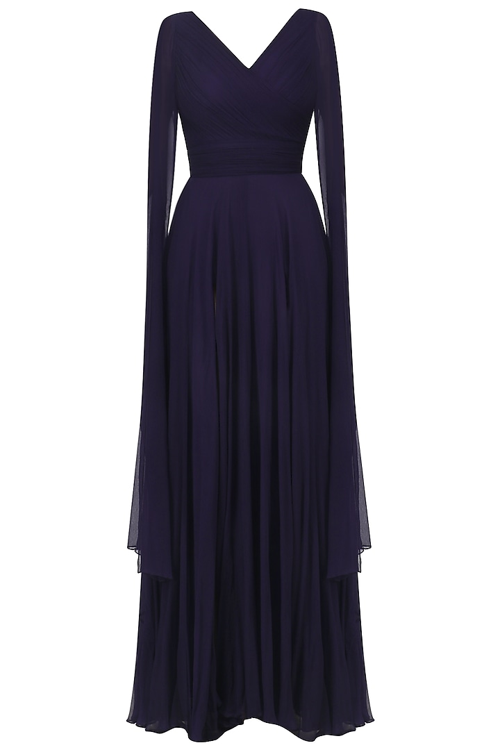 Navy Blue Overlapping Pleated Drape Gown by Swatee Singh