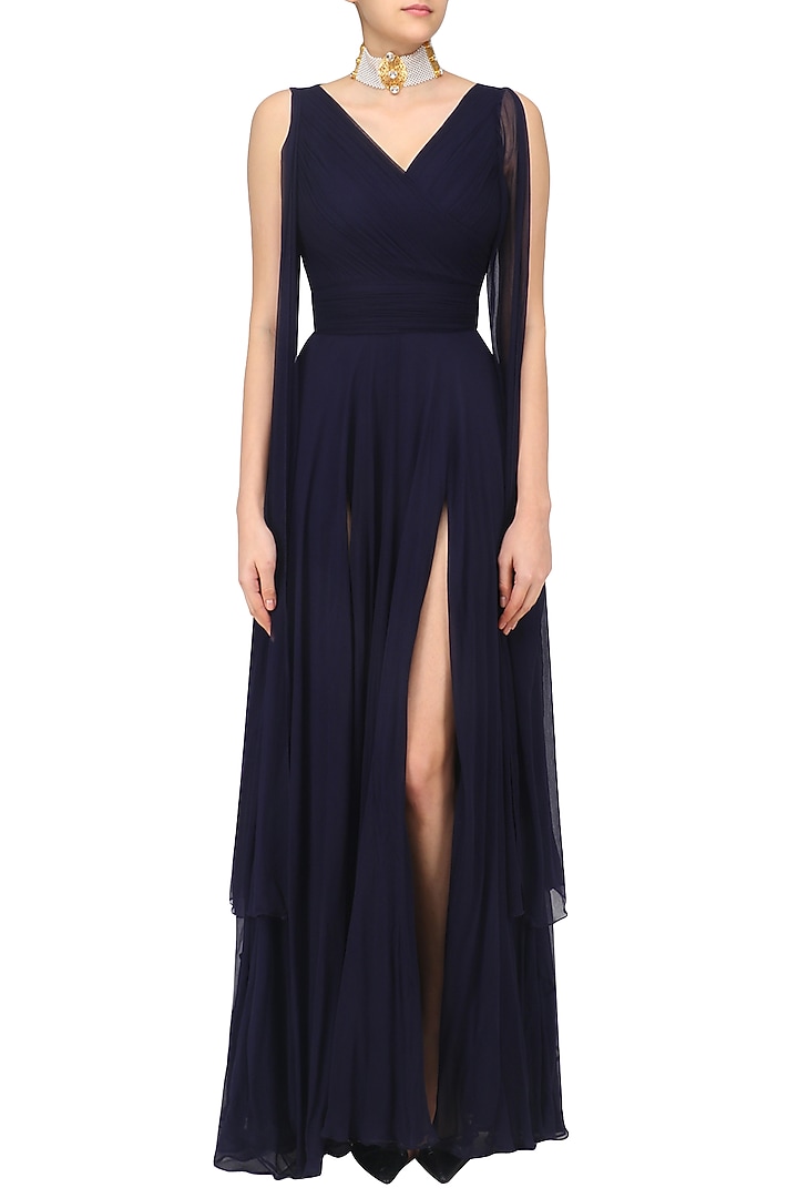 Navy blue overlapping pleated drape gown available only at Pernia's Pop Up Shop