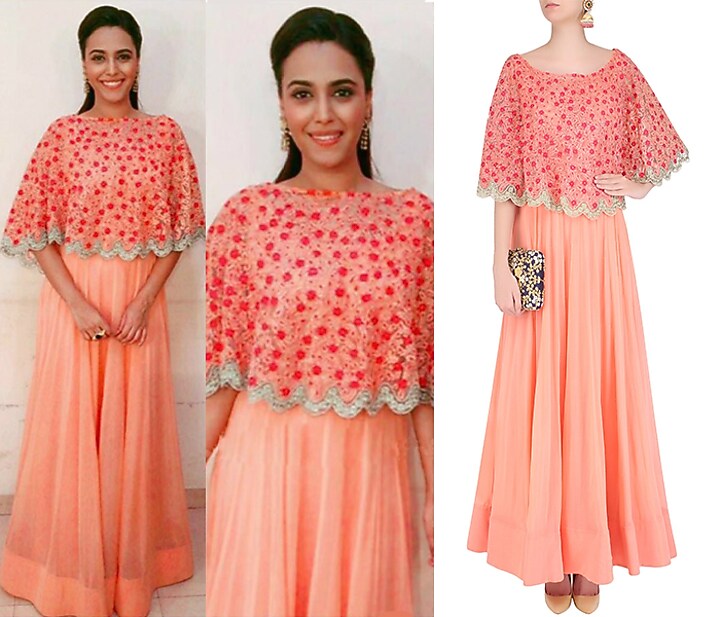 Peach pleated anarkali set with floral embroidered cape available only at Pernia's Pop Up Shop.