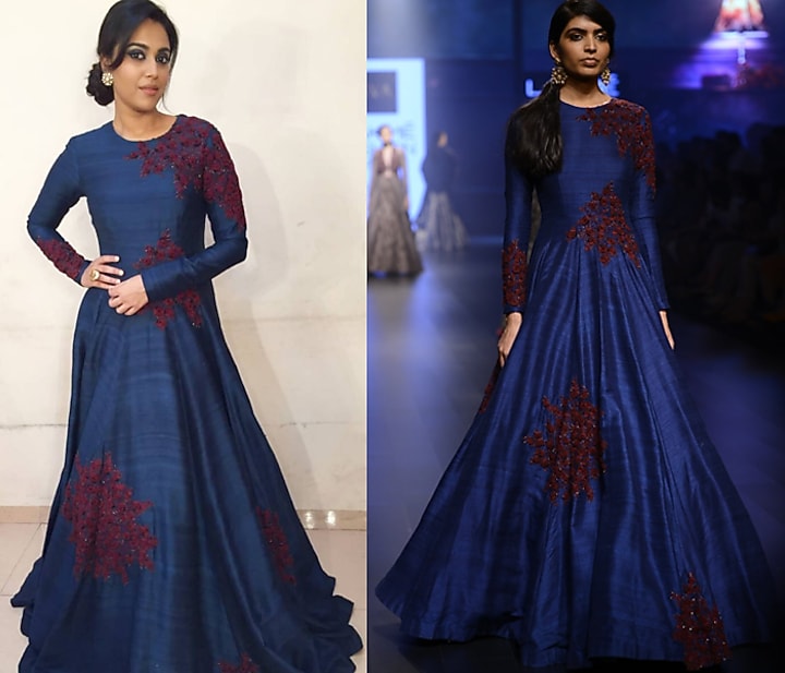 Midnight blue and burgundy floral embroidered flared gown available only at Pernia's Pop Up Shop.