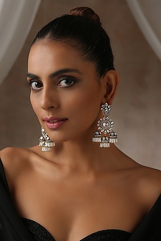 Two Tone Victorian Finish Grey Kundan Polki Jhumka Earrings by Swabhimann Jewellery