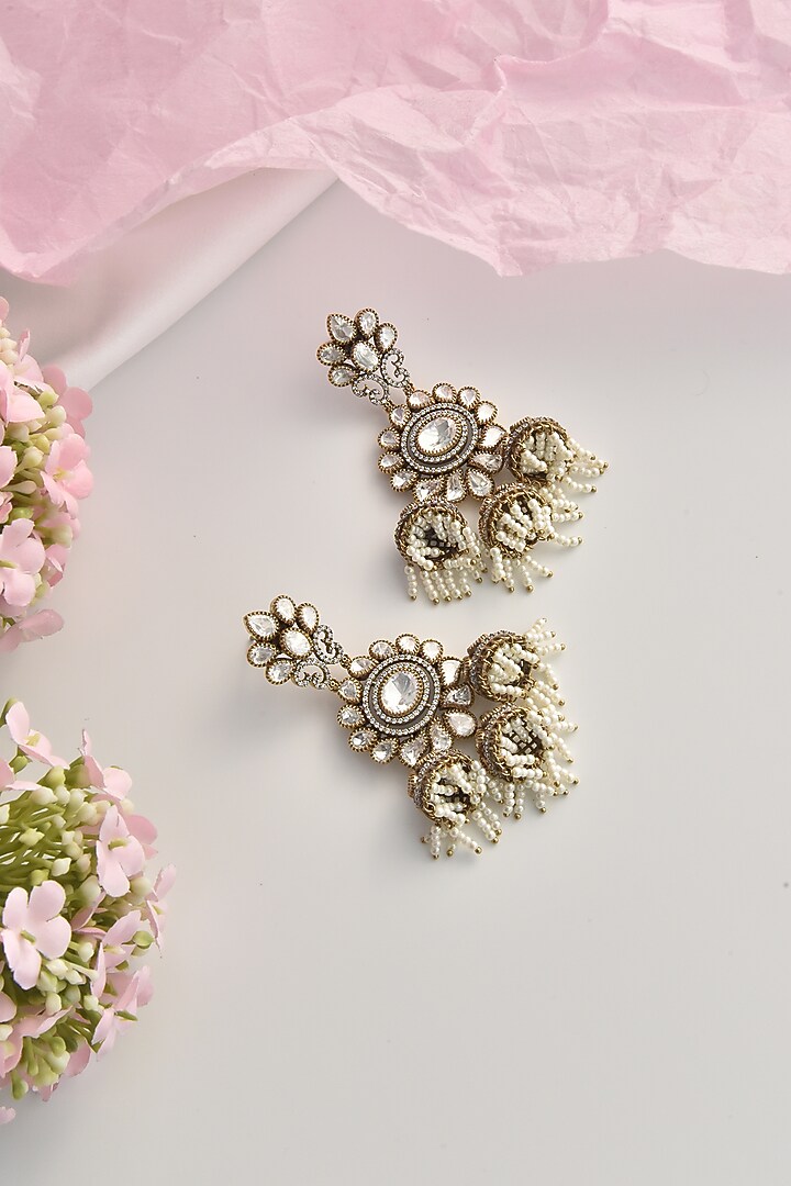 Two Tone Victorian Finish Grey Kundan Polki Jhumka Earrings by Swabhimann Jewellery at Pernia's Pop Up Shop