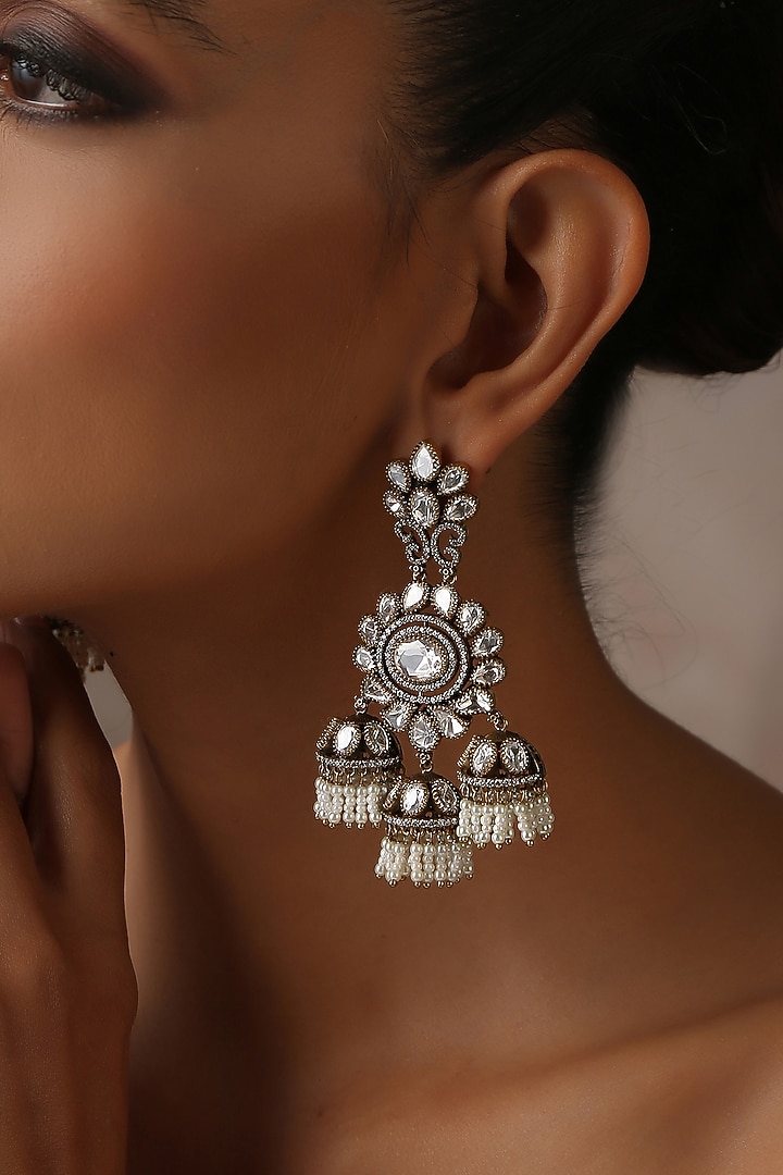 Two Tone Victorian Finish Grey Kundan Polki Jhumka Earrings by Swabhimann Jewellery at Pernia's Pop Up Shop