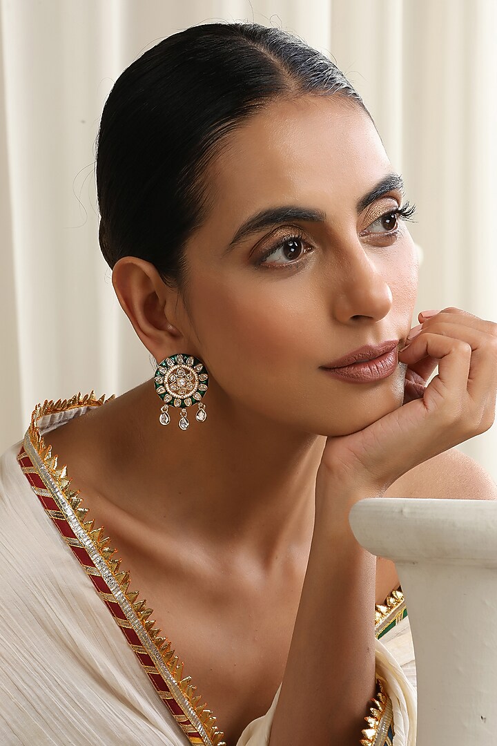 Rose Gold Finish Green Kundan Polki Handcrafted Stud Earrings by Swabhimann Jewellery at Pernia's Pop Up Shop
