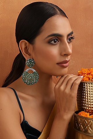 Black Rhodium Finish Emerald & Zircon Dangler Earrings by Swabhimann Jewellery