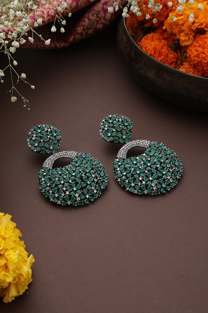 Black Rhodium Finish Emerald & Zircon Dangler Earrings by Swabhimann Jewellery at Pernia's Pop Up Shop