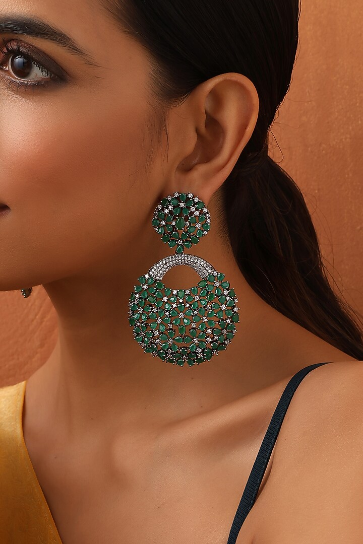 Black Rhodium Finish Emerald & Zircon Dangler Earrings by Swabhimann Jewellery at Pernia's Pop Up Shop