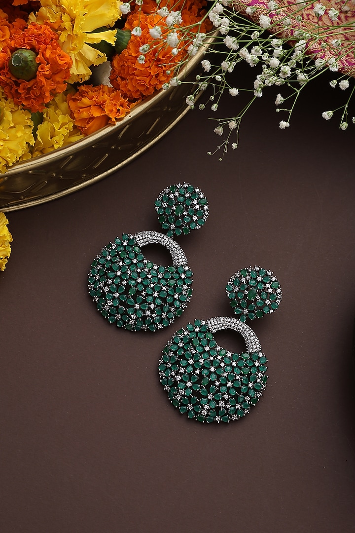 Black Rhodium Finish Emerald & Zircon Dangler Earrings by Swabhimann Jewellery at Pernia's Pop Up Shop