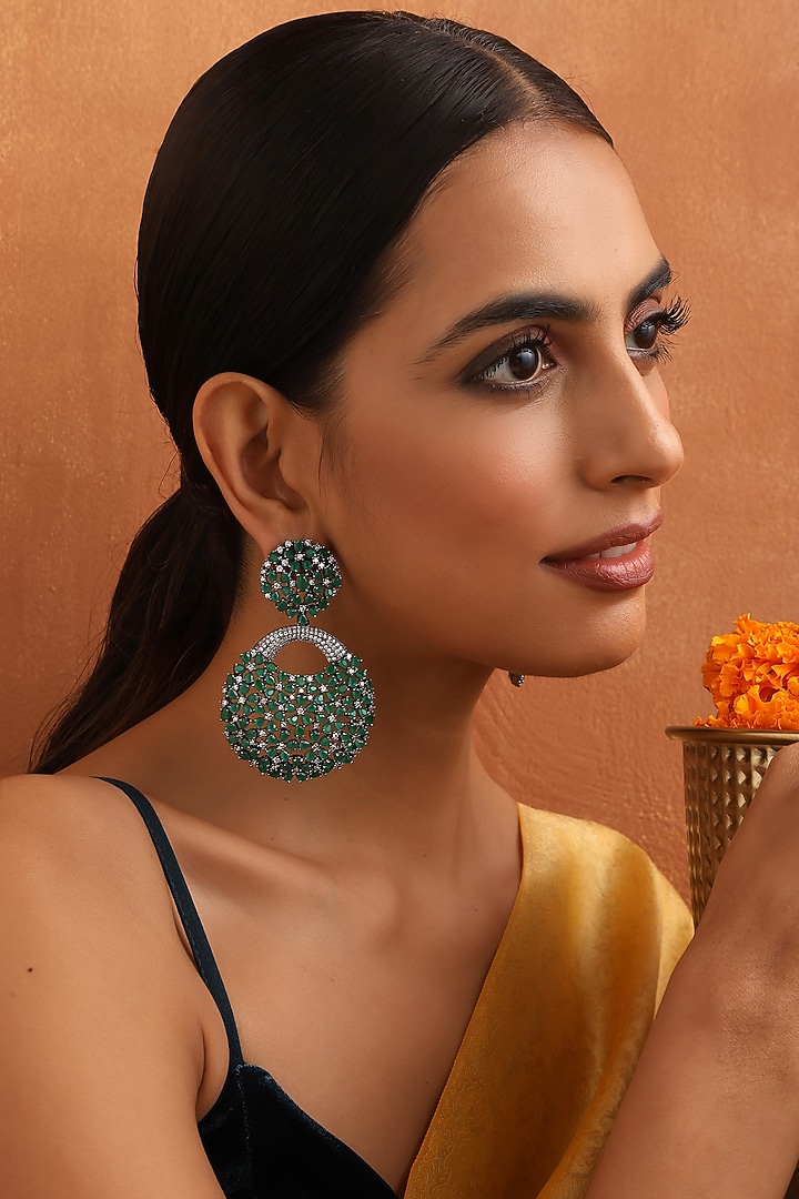 Black Rhodium Finish Emerald & Zircon Dangler Earrings by Swabhimann Jewellery at Pernia's Pop Up Shop