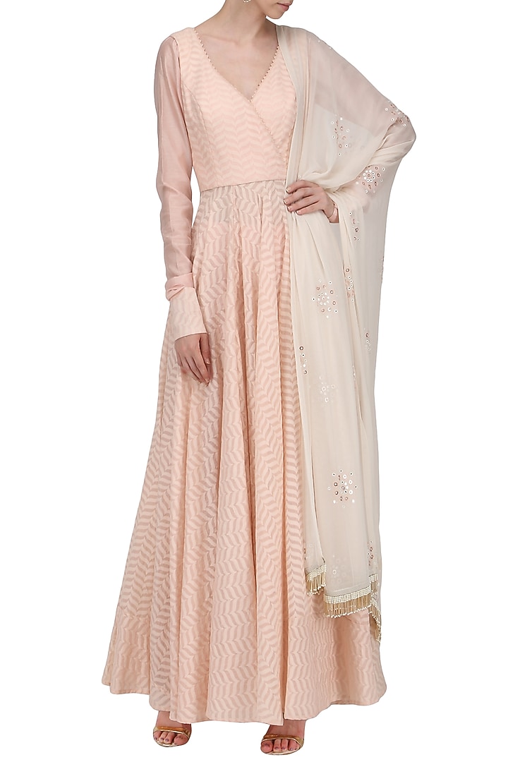 Peach Anghrakha in chanderi with pallazo and dupatta available only at Pernia's Pop Up Shop.