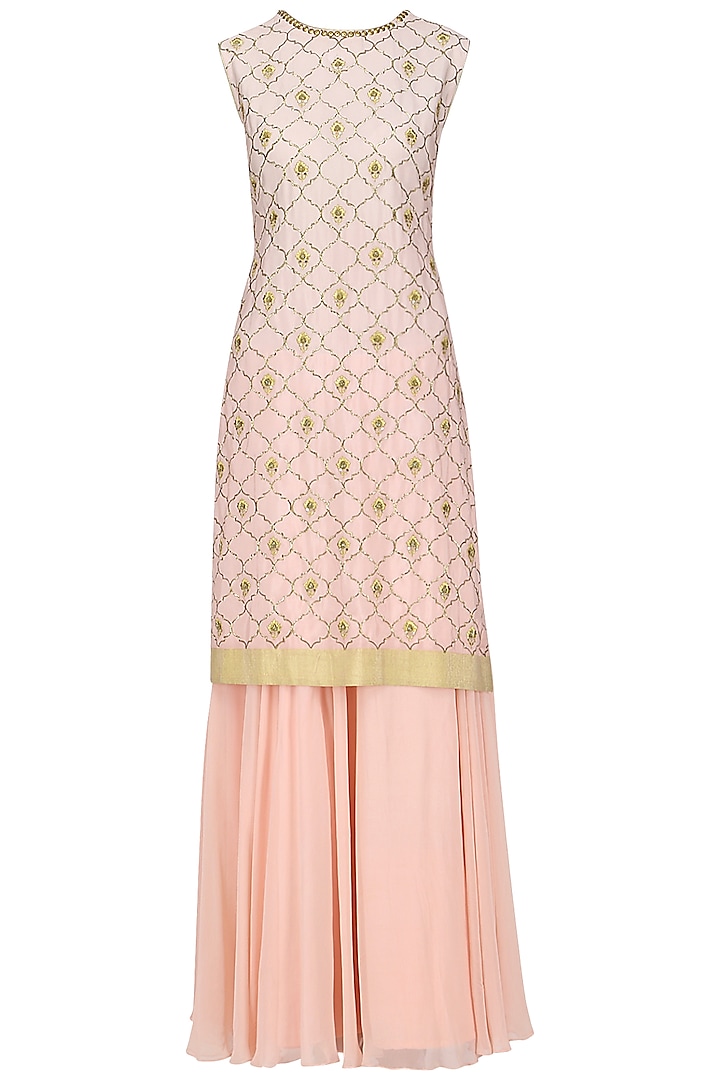 A Peach Crepe Stright Suit with Skirt and Dupatta by Sawan Gandhi
