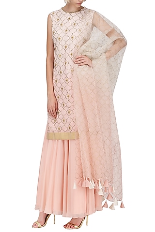 A Peach Crepe Stright Suit with Skirt and Dupatta by Sawan Gandhi