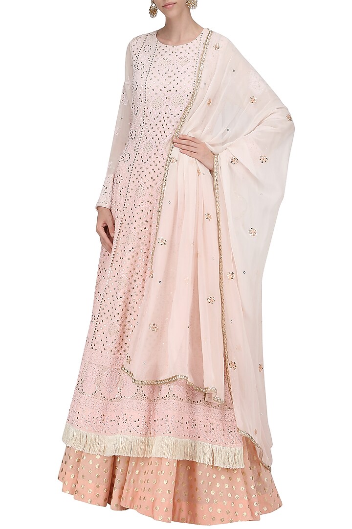 A peach chikan anarkali with chanderi skirt and georgette dupatta available only at Pernia's Pop Up Shop.