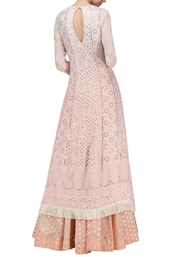 A peach chikan anarkali with chanderi skirt and georgette dupatta available only at Pernia's Pop Up Shop.