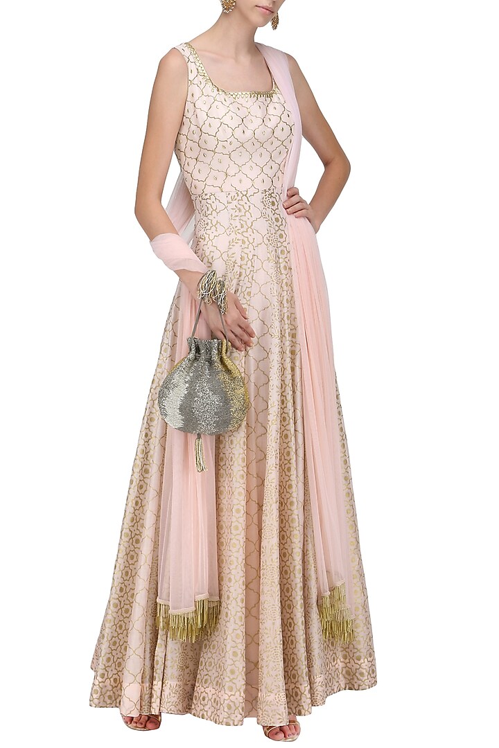 A peach chanderi block print anarkali available only at Pernia's Pop Up Shop.