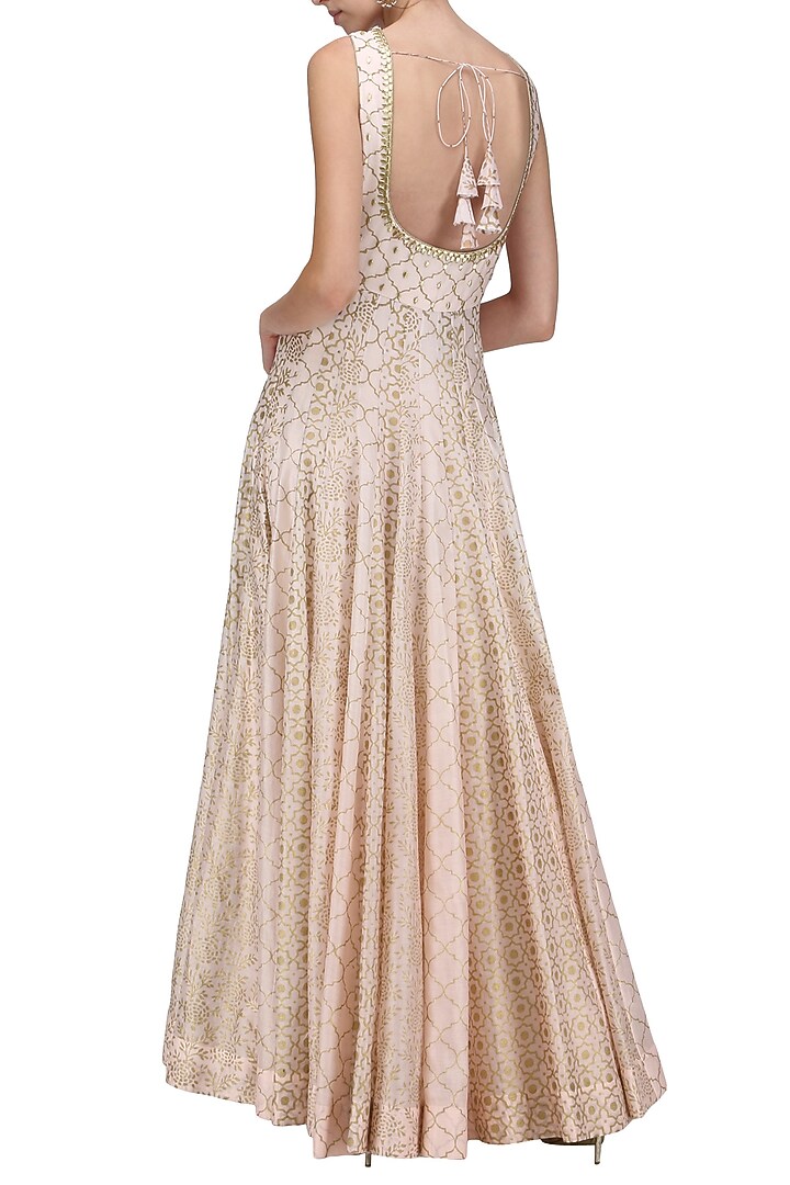 A peach chanderi block print anarkali available only at Pernia's Pop Up Shop.