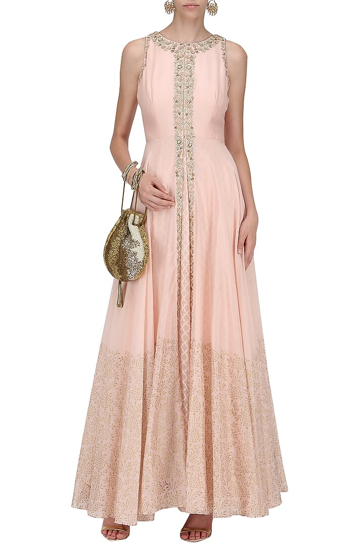 A peach french knot chanderi gown available only at Pernia's Pop Up Shop.