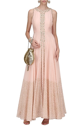A Peach French Knot Chanderi Gown by Sawan Gandhi
