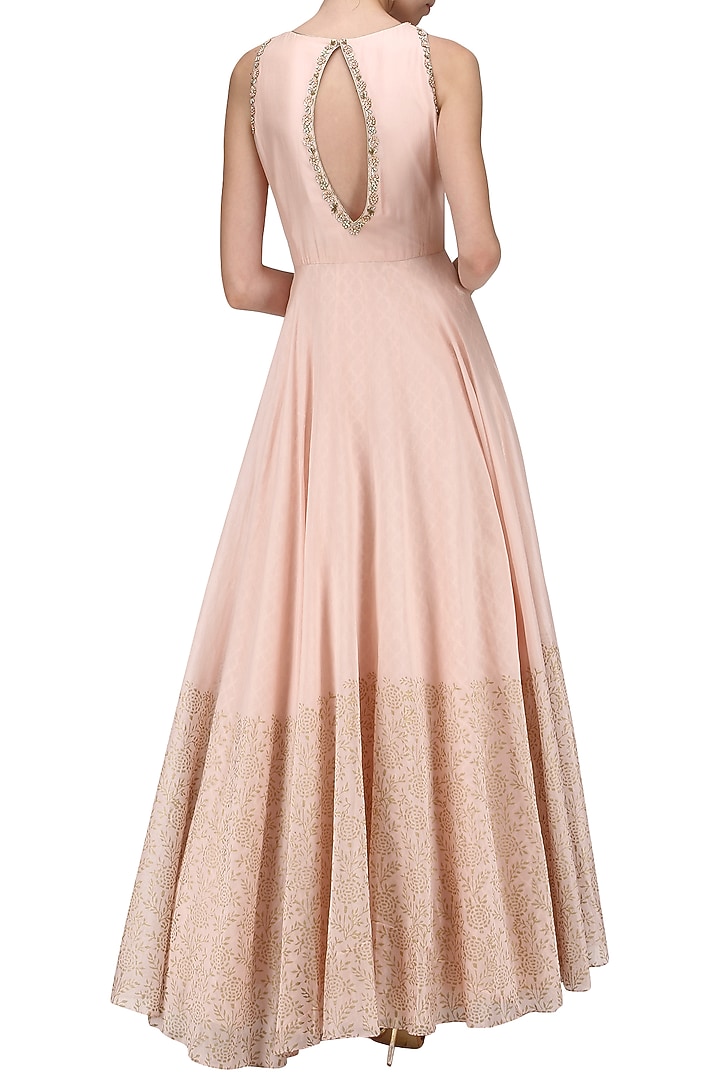 A peach french knot chanderi gown available only at Pernia's Pop Up Shop.