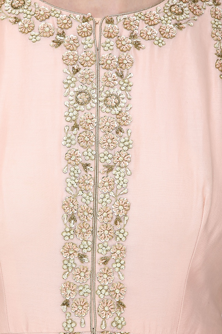 A peach french knot chanderi gown available only at Pernia's Pop Up Shop.