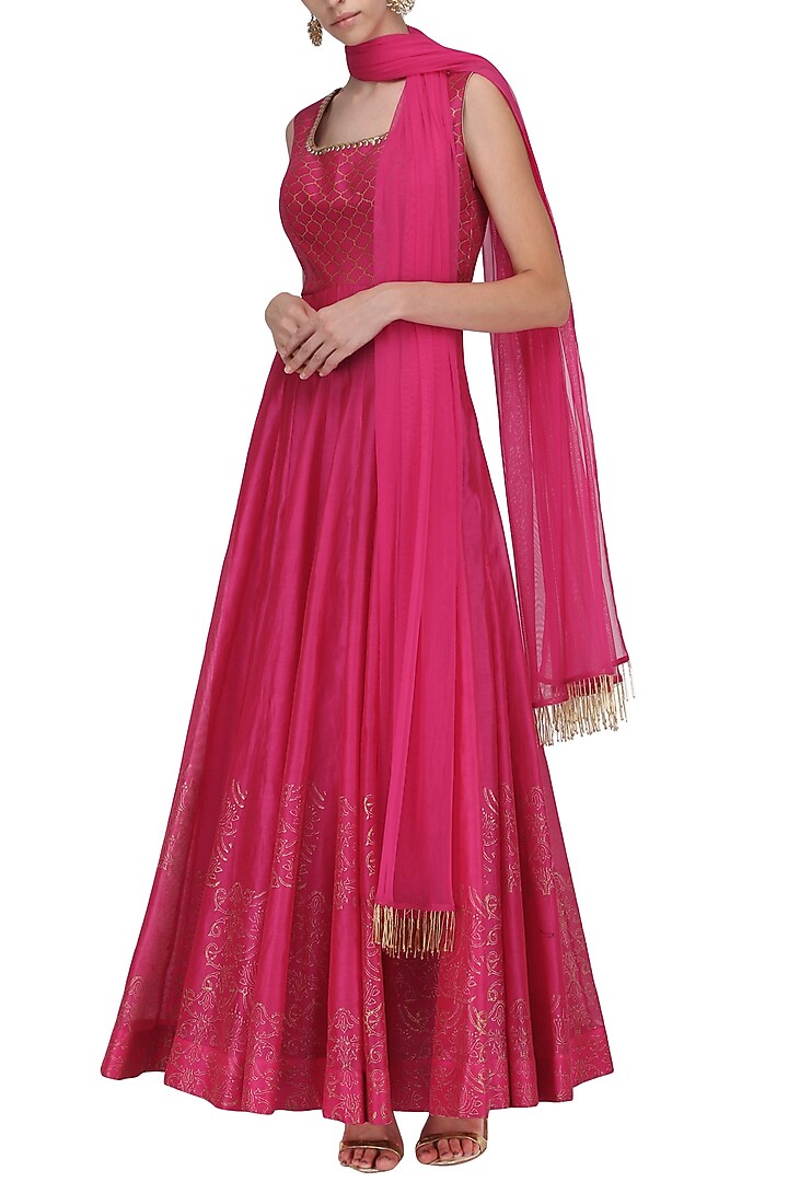 Hot pink chanderi anarkali available only at Pernia's Pop Up Shop.