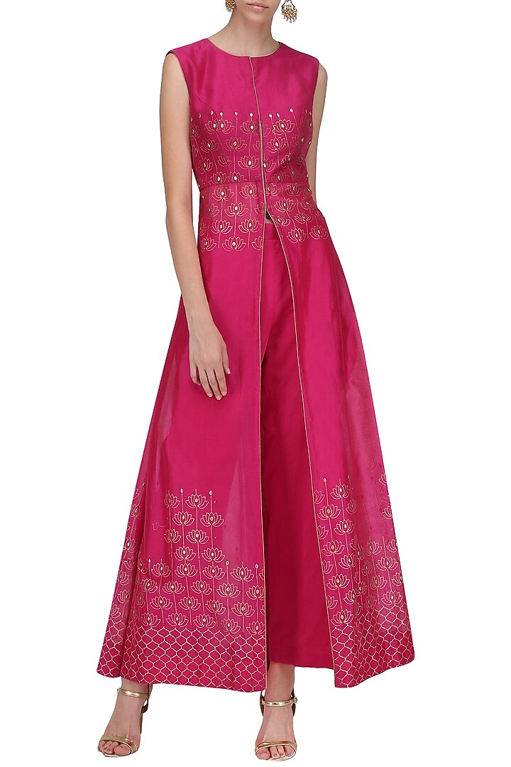 Hot pink A line chanderi cape with pallazo available only at Pernia's Pop Up Shop.