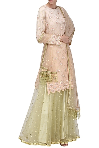 Peach Piyali and Resham Boote Short Skirt In Chanderi with Net Dupatta by Sawan Gandhi