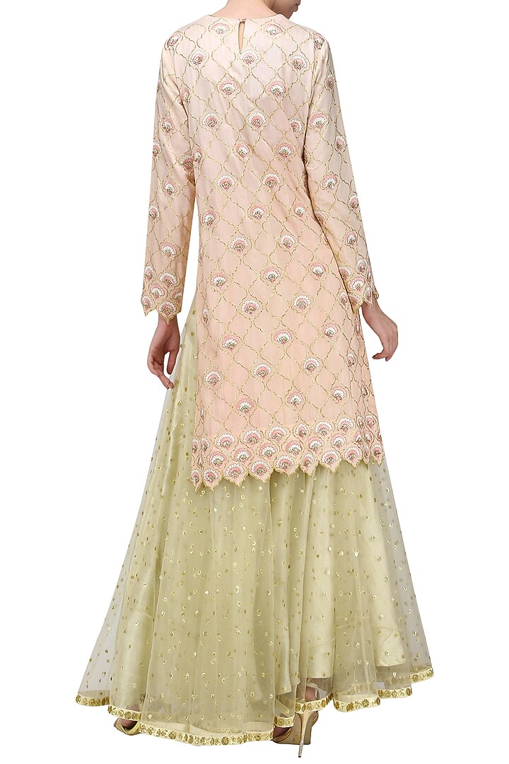 Peach piyali and resham boote short skirt in chanderi with net dupatta available only at Pernia's Pop Up Shop.