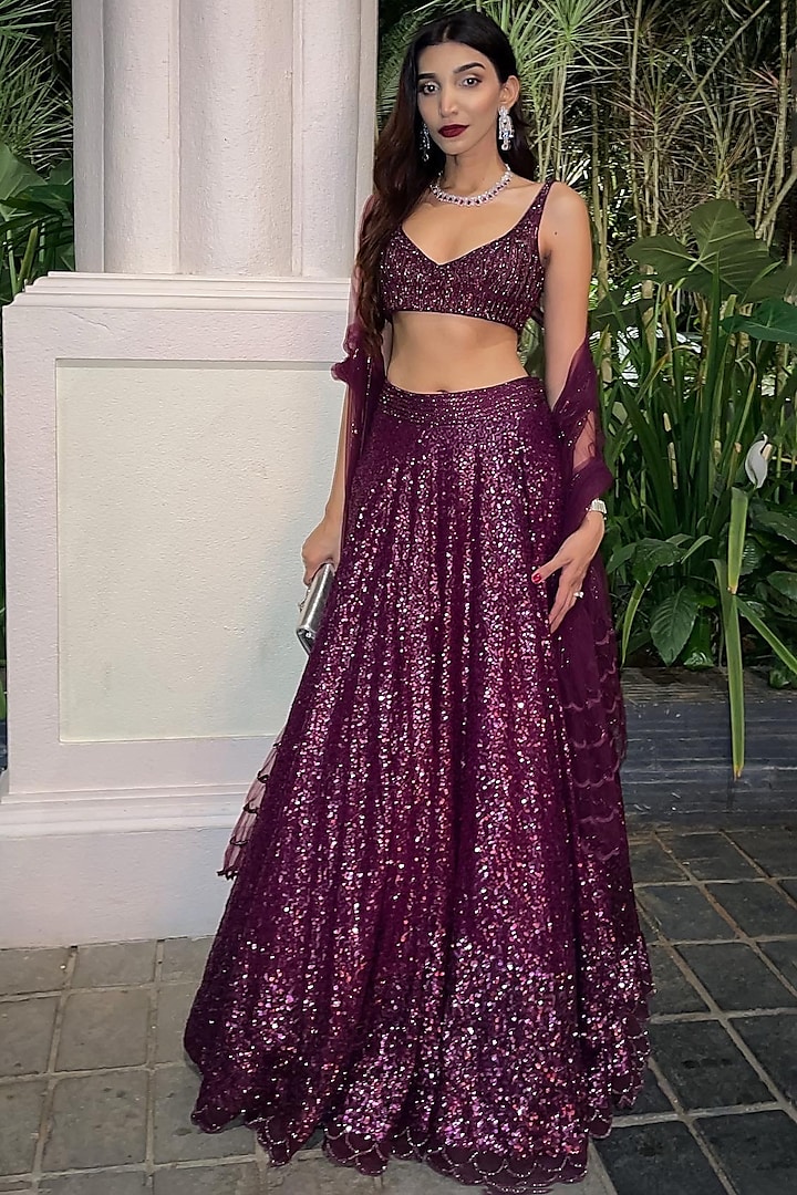 Wine Sequins Cutdana Embroidered Bridal Lehenga Set by Sawan Gandhi at Pernia's Pop Up Shop