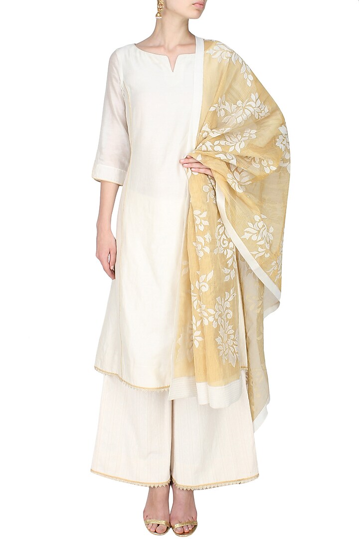 Ivory lace chanderi kurta and textured palazzos set available only at Pernia's Pop Up Shop.