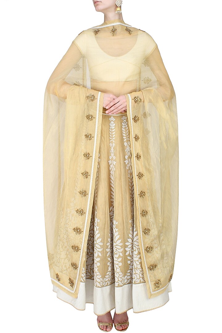 Gold floral chanderi applique work lehenga and corset blouse set available only at Pernia's Pop Up Shop.