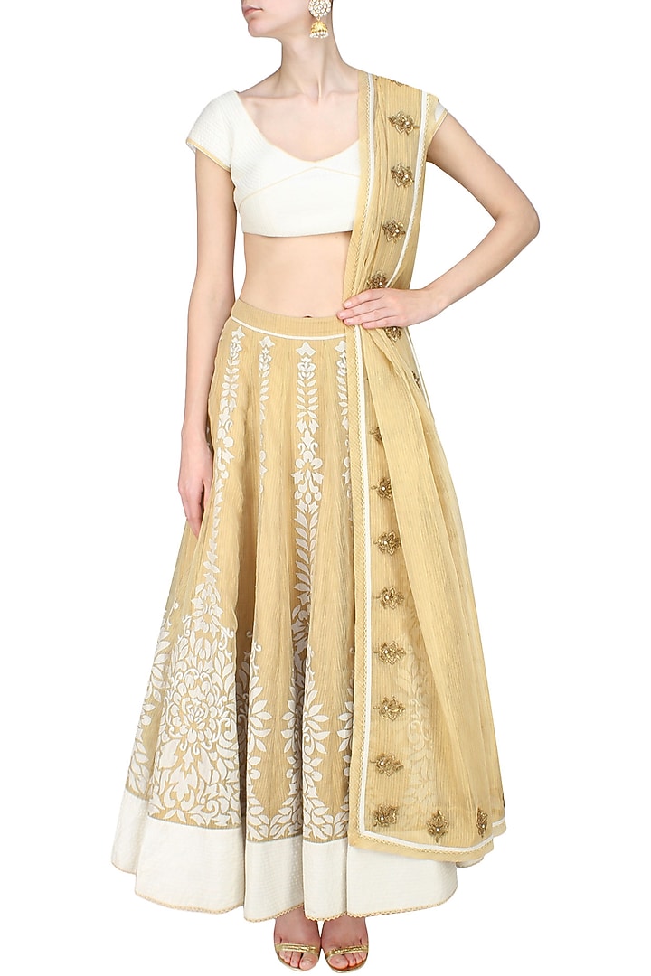 Gold floral chanderi applique work lehenga and corset blouse set available only at Pernia's Pop Up Shop.