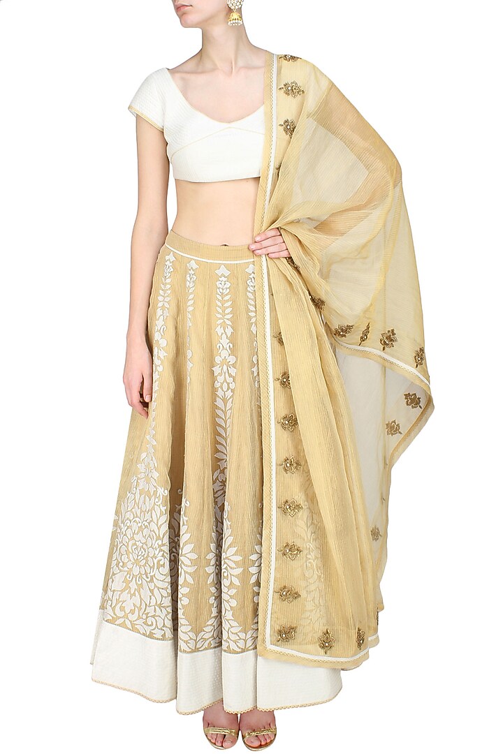Gold floral chanderi applique work lehenga and corset blouse set available only at Pernia's Pop Up Shop.