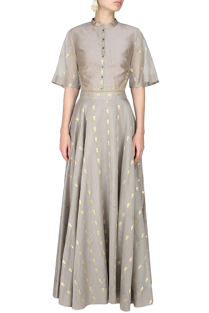 Ash grey zari motifs high waisted skirt and crop top set available only at Pernia's Pop Up Shop.
