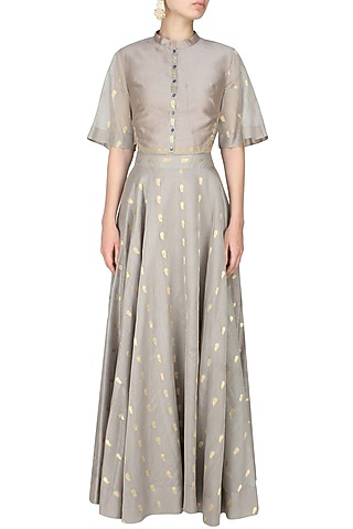 Ash grey zari motifs high waisted skirt and crop top set by SWGT By Shweta Gupta