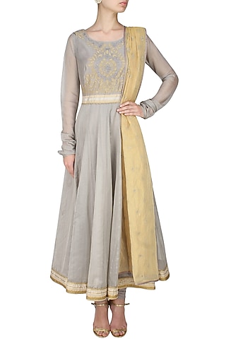 Ash grey handcut mtoifs kalidaar kurta and churidaar pants set by SWGT By Shweta Gupta