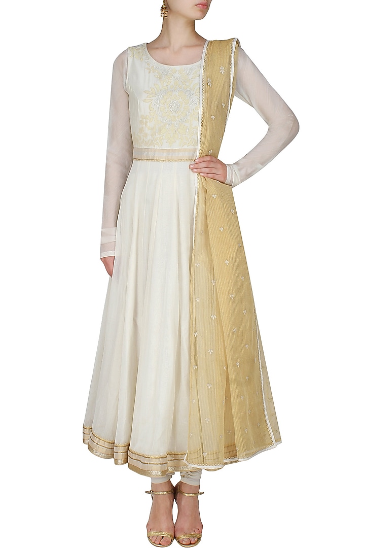 Ivory handcut mtoifs kalidaar kurta and churidaar pants set available only at Pernia's Pop Up Shop.