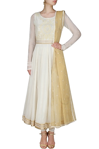 Ivory handcut mtoifs kalidaar kurta and churidaar pants set by SWGT By Shweta Gupta