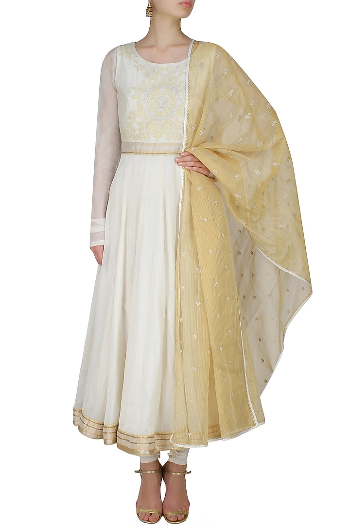 Ivory handcut mtoifs kalidaar kurta and churidaar pants set available only at Pernia's Pop Up Shop.