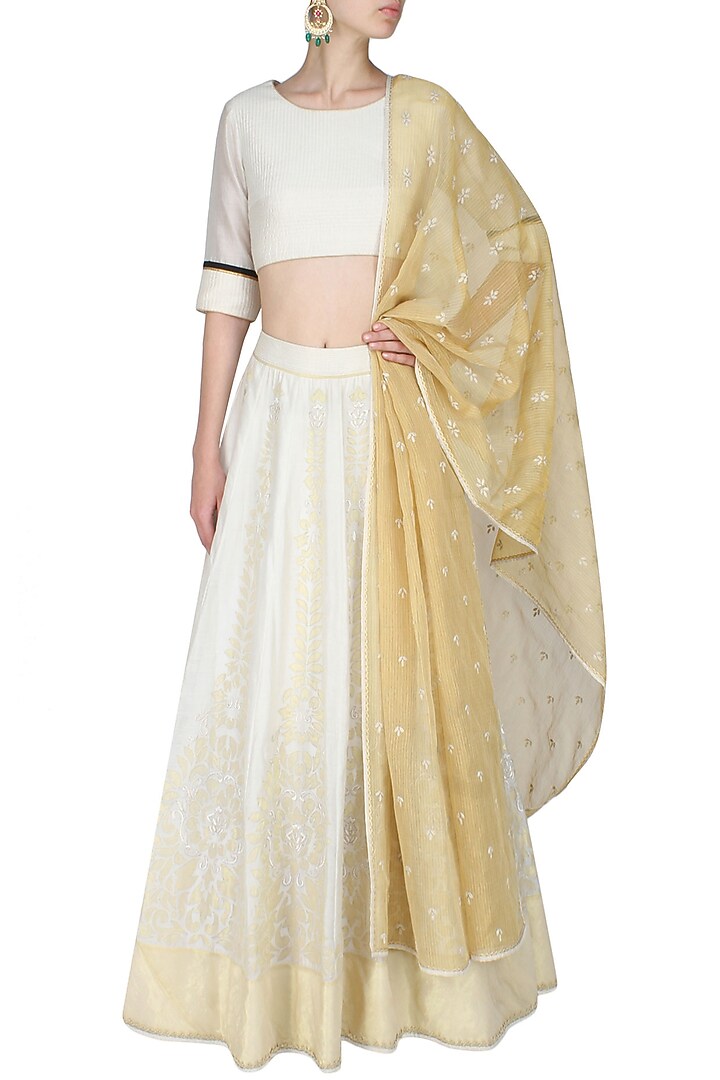 Ivory and gold aureate pale handcut motifs blouse and lehenga set available only at Pernia's Pop Up Shop.